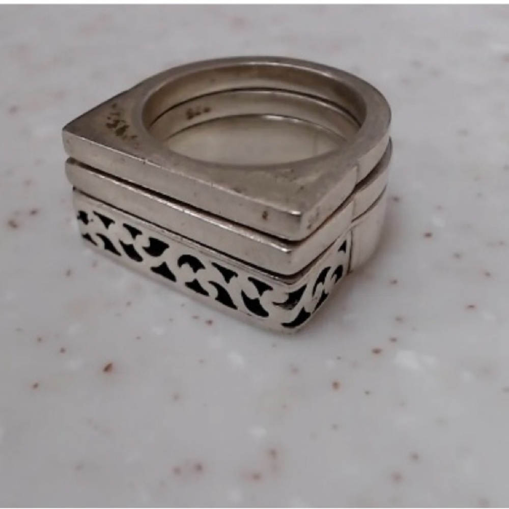 Lois Hill Sterling Silver Ornate Scroll Flat Top Stackable Three Ring Set - Picture 3 of 12